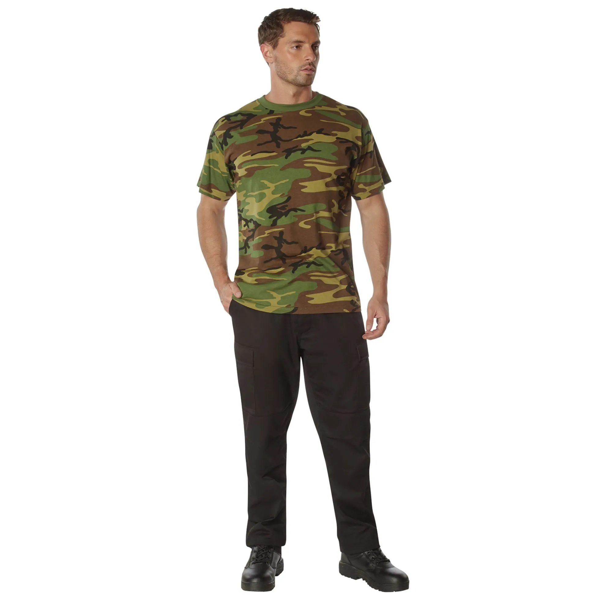 100% Cotton 5oz. Camouflage Short Sleeve T-Shirt Army Fashion Standard Fit Crewneck Tee- Woodland Camo