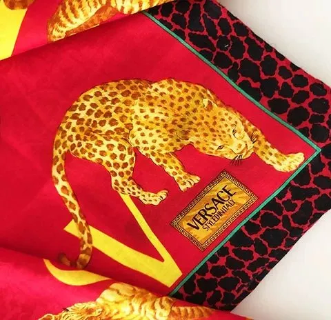 1990s VERSACE Atelier Exotic Animal Print on Red Cotton scarf