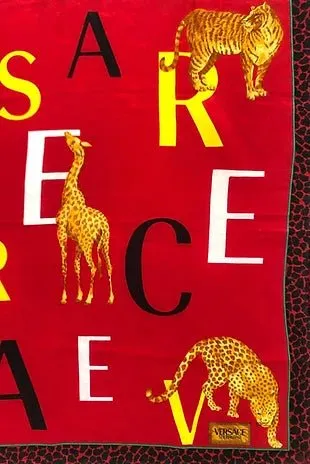 1990s VERSACE Atelier Exotic Animal Print on Red Cotton scarf