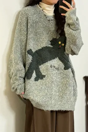 American Retro Loose Fun Bunny Knit Plush Crew Neck Sweater