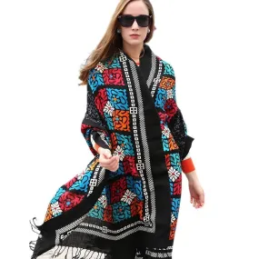 Anyyou 100% Pure Merino Wool Black Mosaic Stylish Poncho Winter Large Scarf With Trendy Pashmina Shawl Bandana  For Womenfashion Design