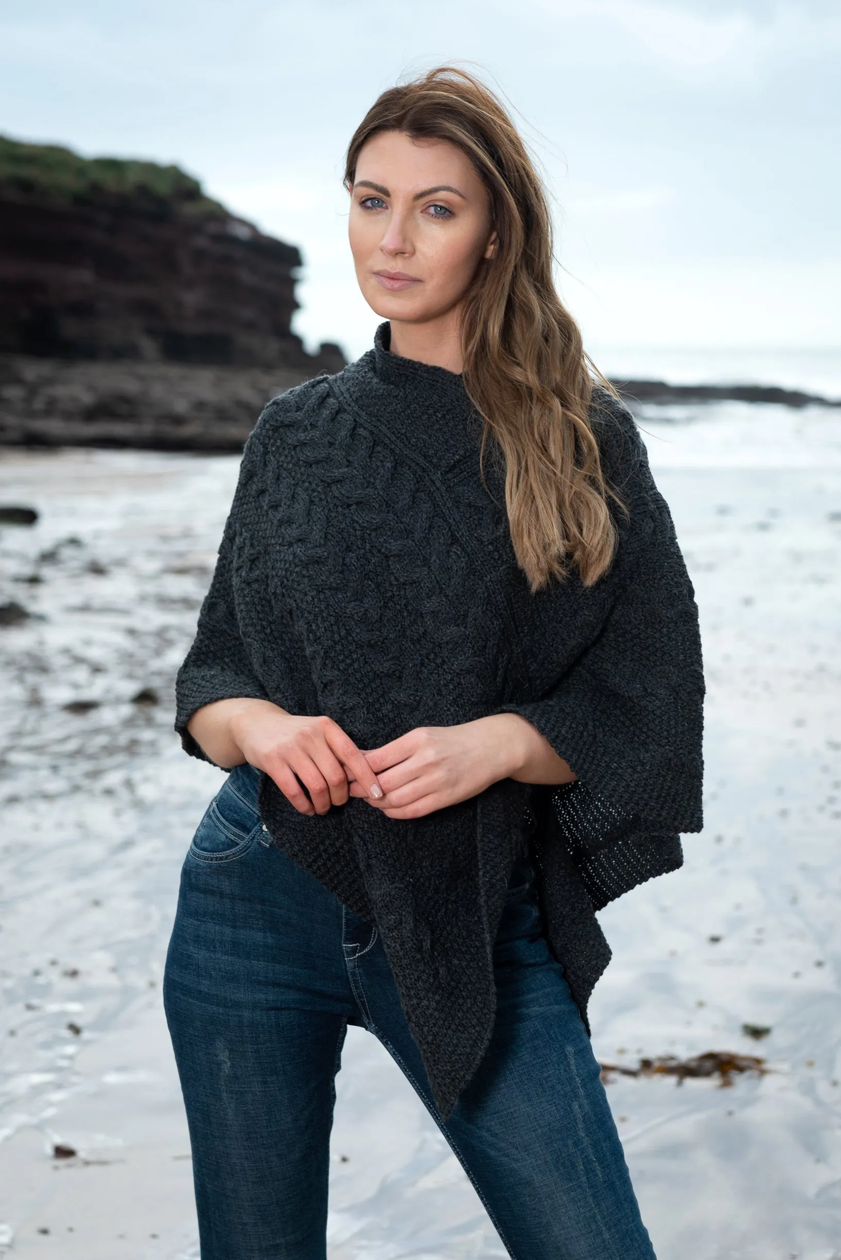 Aran Crafts Poncho | Charcoal