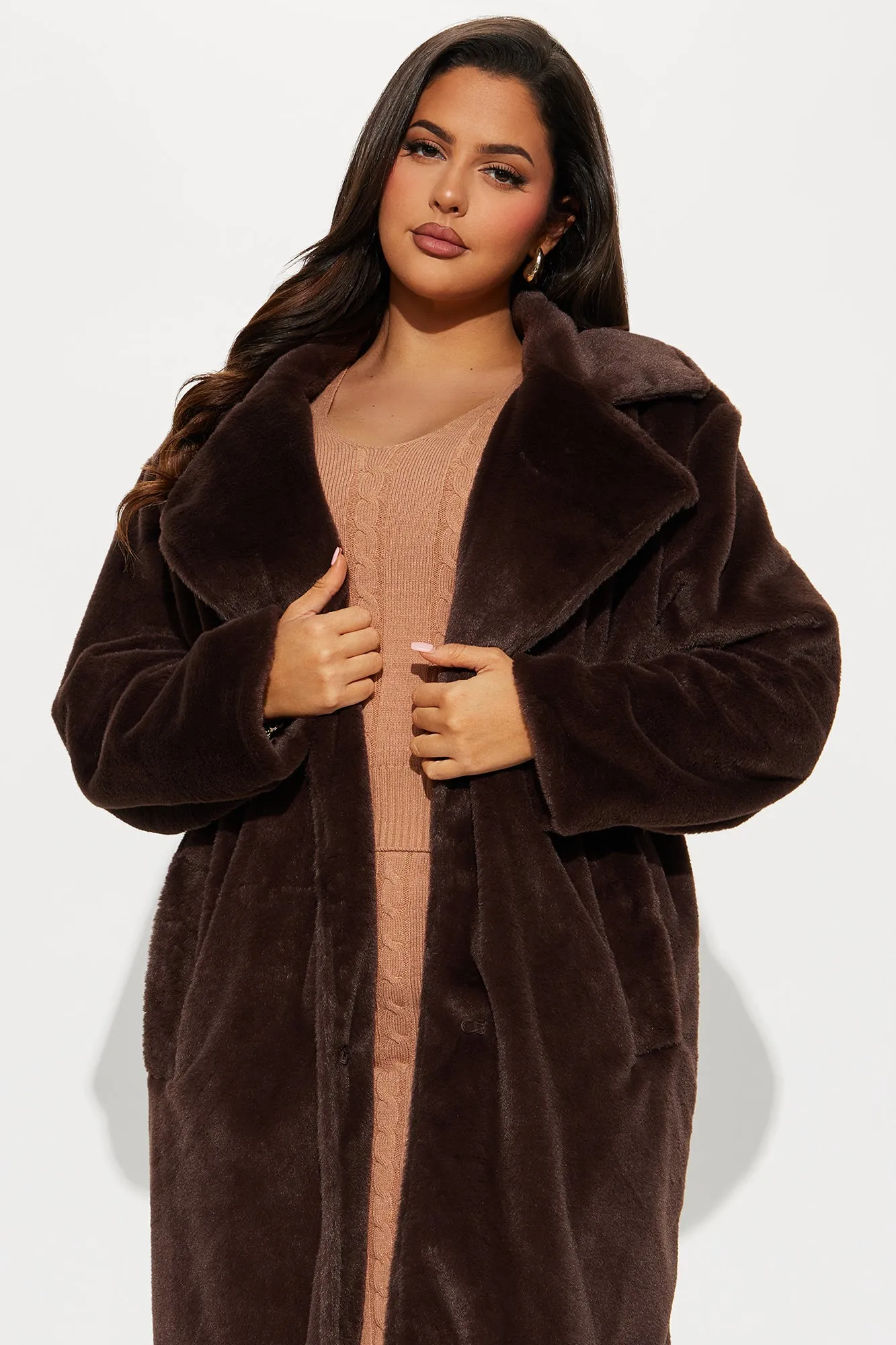 Ashley Faux Fur Trench Coat - Chocolate