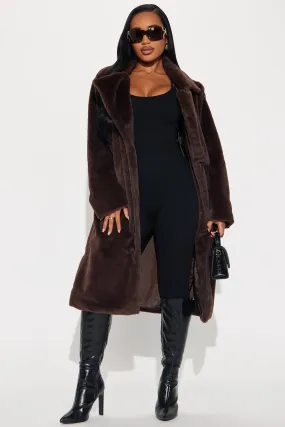 Ashley Faux Fur Trench Coat - Chocolate