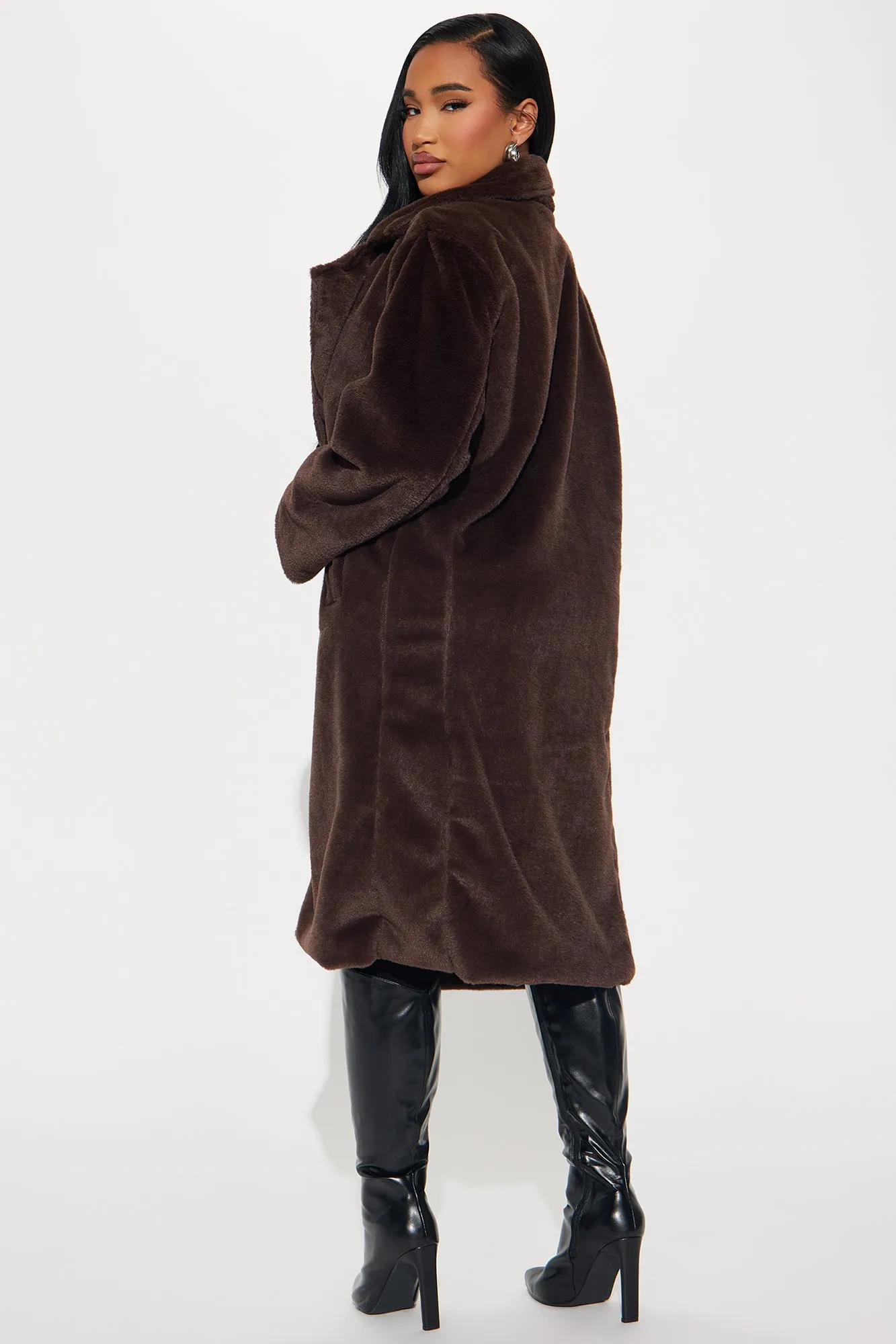 Ashley Faux Fur Trench Coat - Chocolate