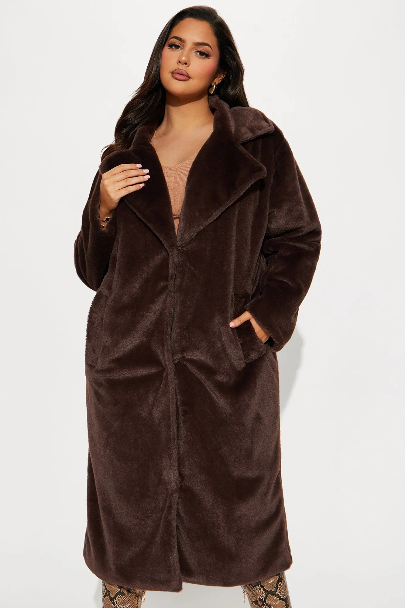 Ashley Faux Fur Trench Coat - Chocolate