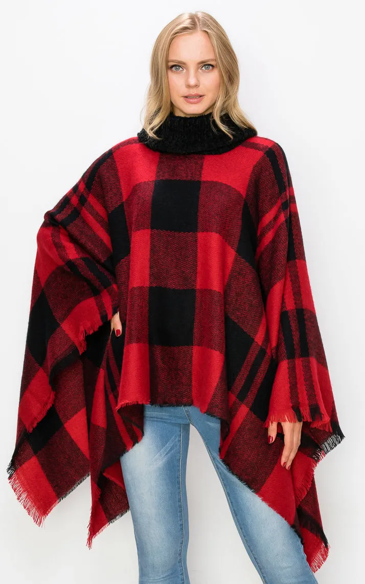 AV436 Red Plaid Turtleneck Soft Poncho