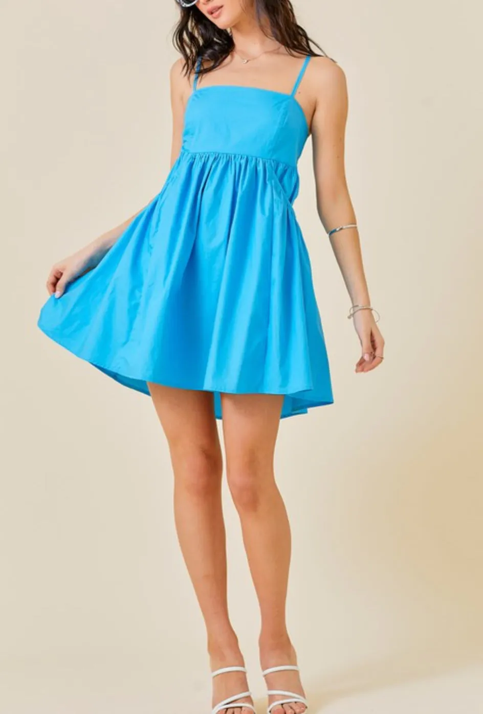 Azure sleeveless  babydoll mini dress with pockets