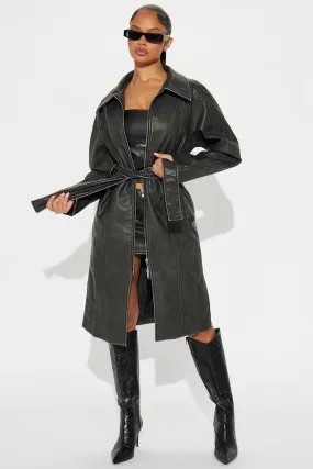 Beau Washed Faux Leather Trench - Charcoal