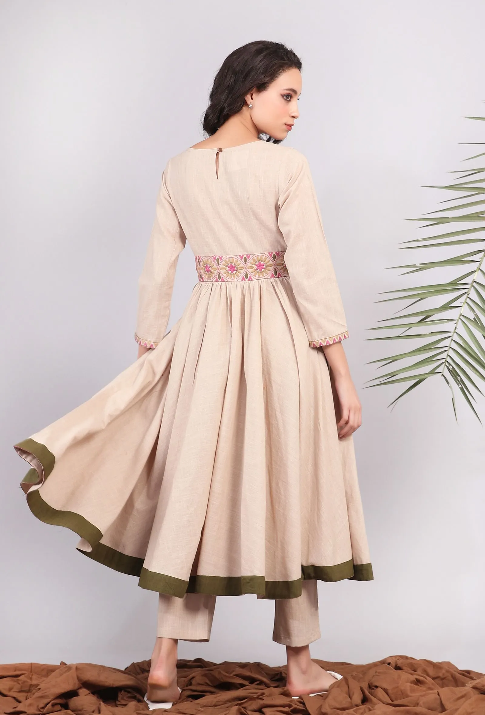 Beige Kantha Embroidered Flared Kurta Dress