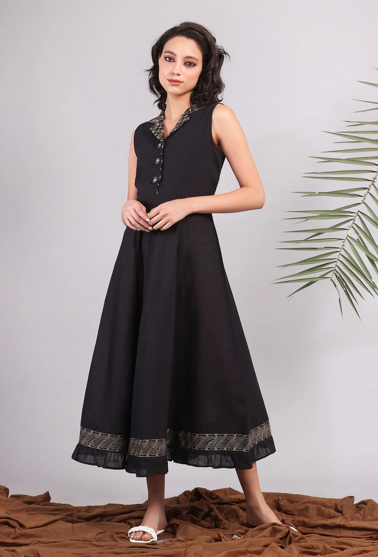 Black Midi Shirt Dress with Kantha Embroidery