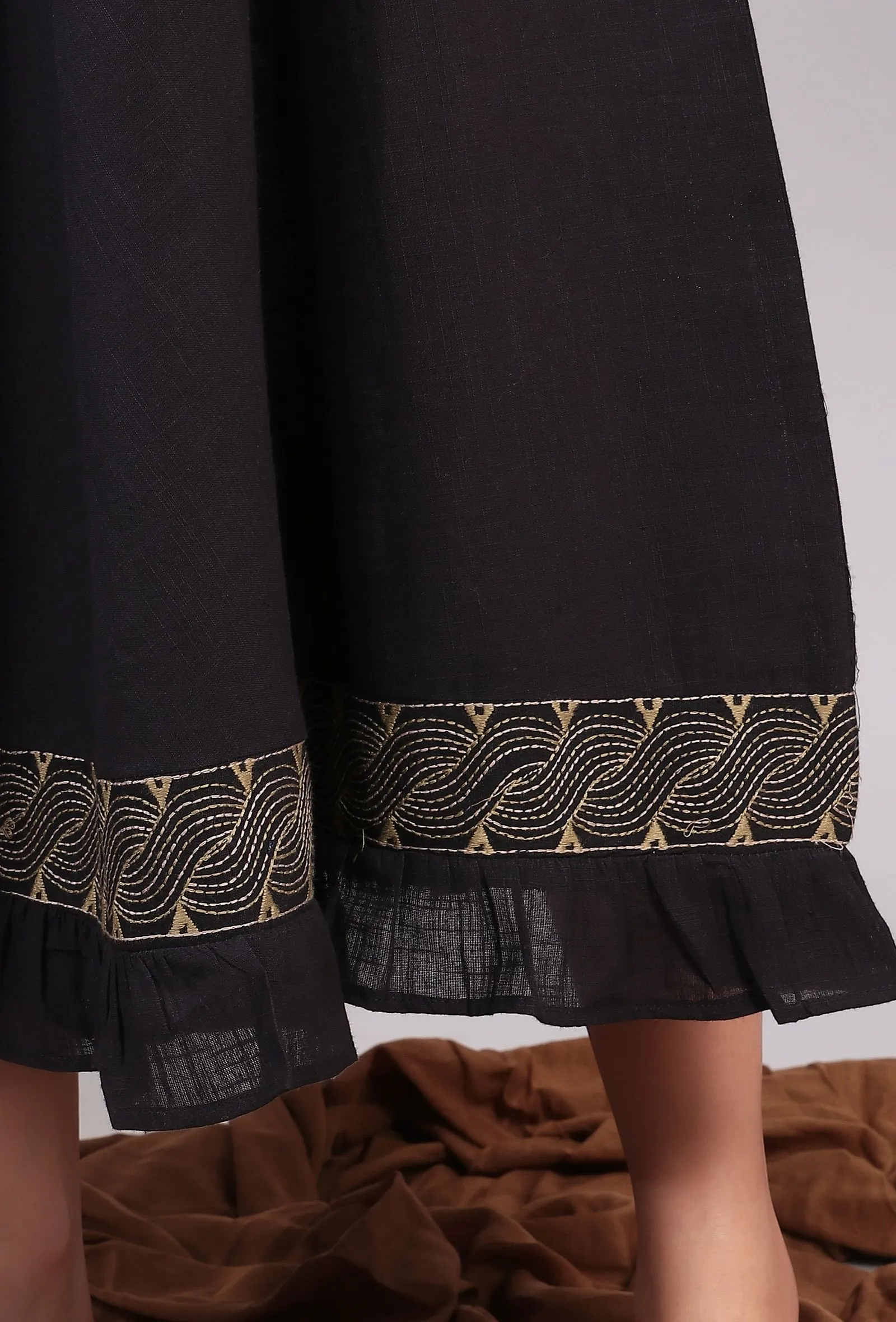 Black Midi Shirt Dress with Kantha Embroidery