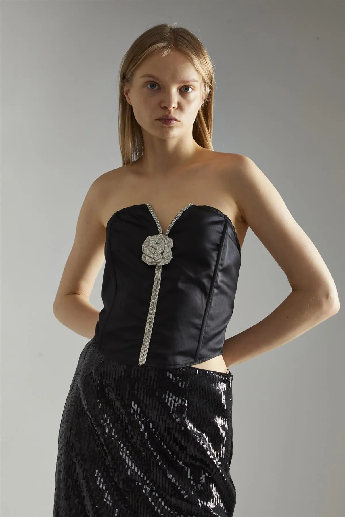 Black-Satin Rhinestone-Flower Strapless Top