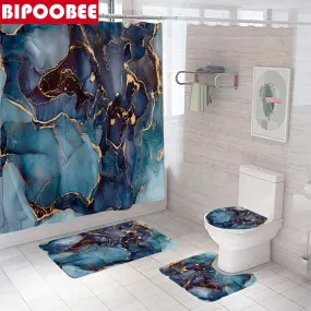 Blue Abstract Crack Marble Design Shower Curtain Accessory Set