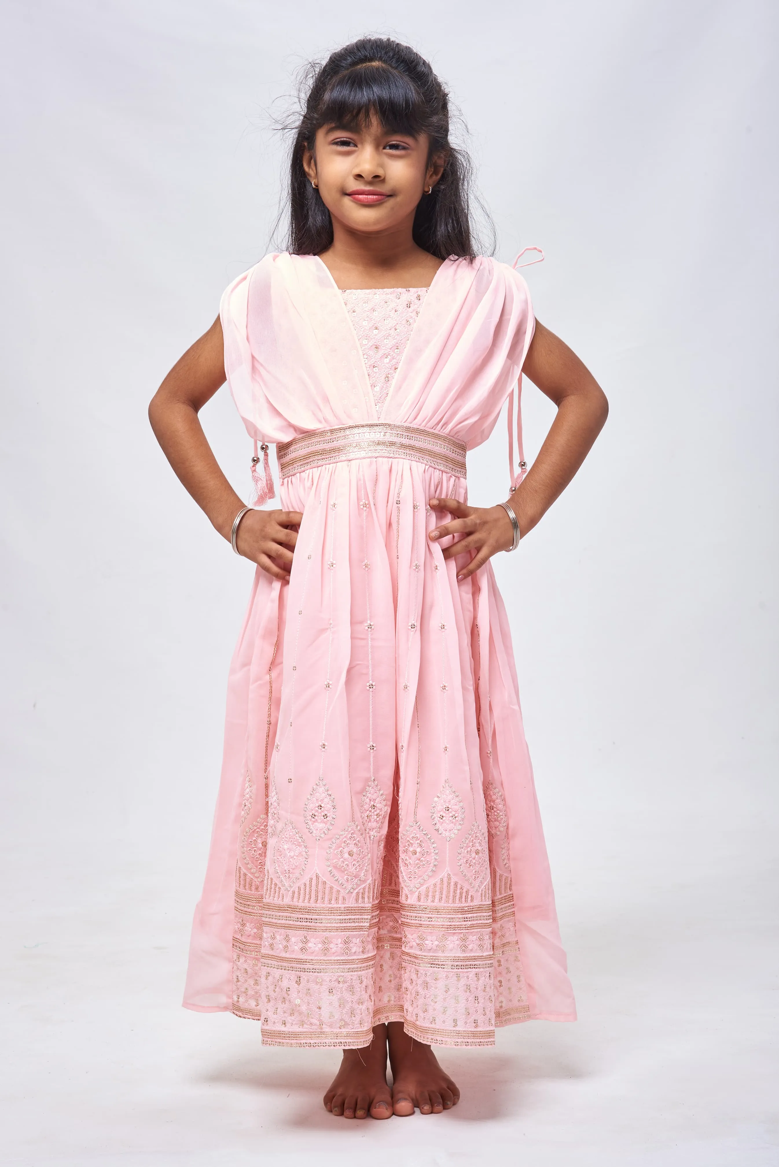 Blush Pink Sequins & Poncho Sleeves: Full Length Anarkali for Girls- Designer Anarkali for Girls Diwali Collection