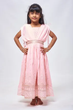 Blush Pink Sequins & Poncho Sleeves: Full Length Anarkali for Girls- Designer Anarkali for Girls Diwali Collection