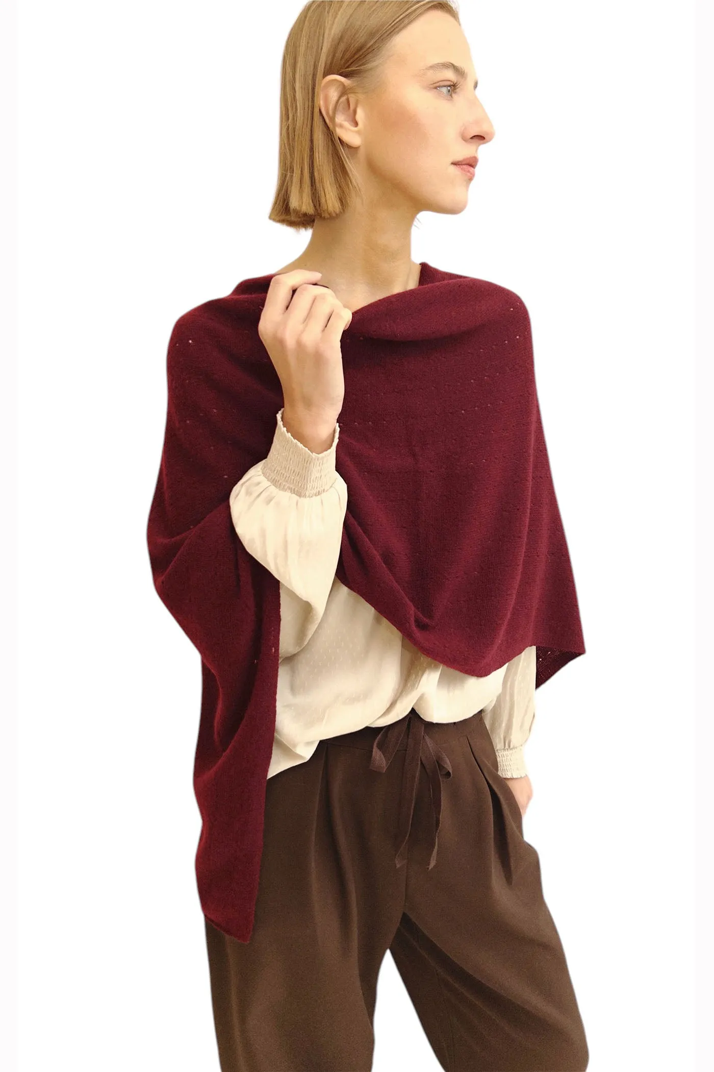 Bordeaux red Cashmere poncho Multiway