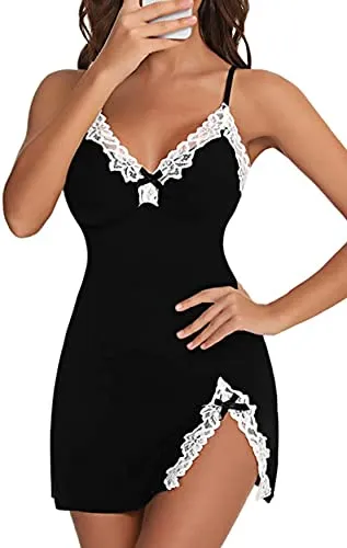 BROIDEN Women's Solid Lycra Sexy Lingerie for Honeymoon Nightwear Babydoll (Free Size) (Free Size, Black)