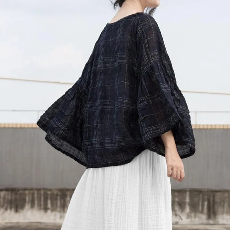 Butterfly Sleeve Plaid Ramie Shirt | Lotus