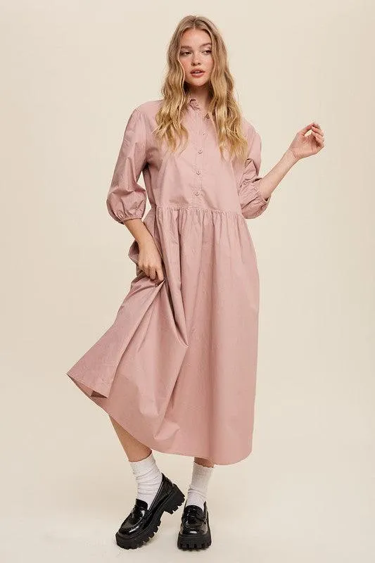 Button Front Puff Sleeve Babydoll Maxi Dress