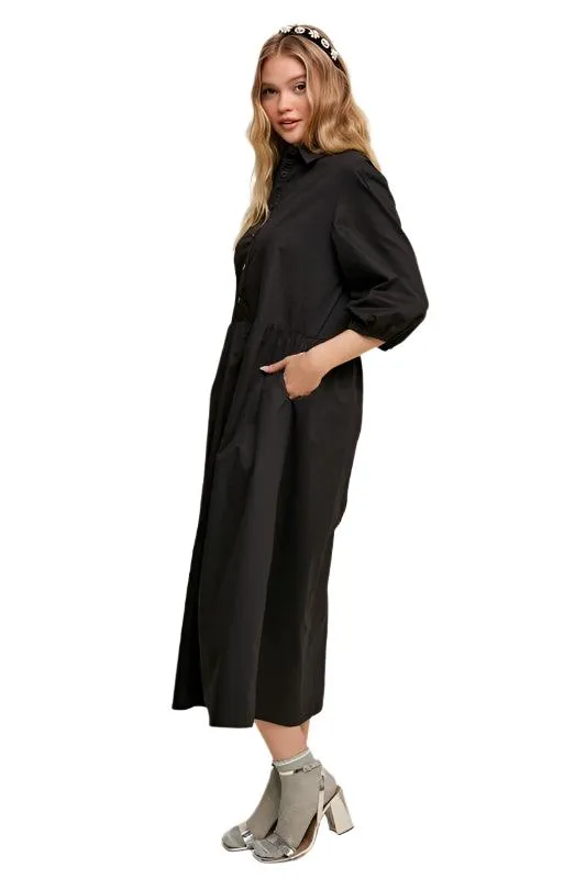 Button Front Puff Sleeve Babydoll Maxi Dress