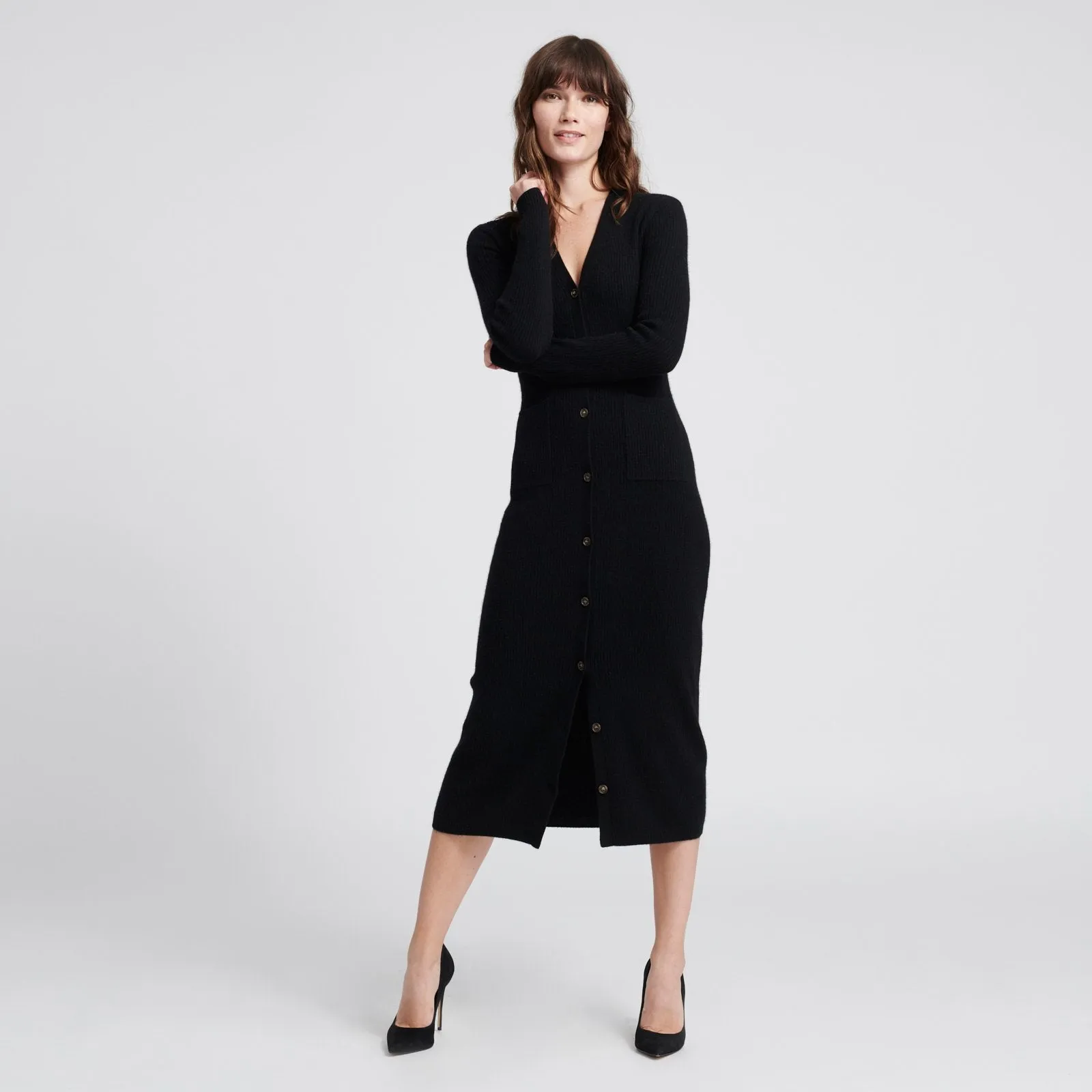 Cashmere Ribbed Cardigan Dress Black