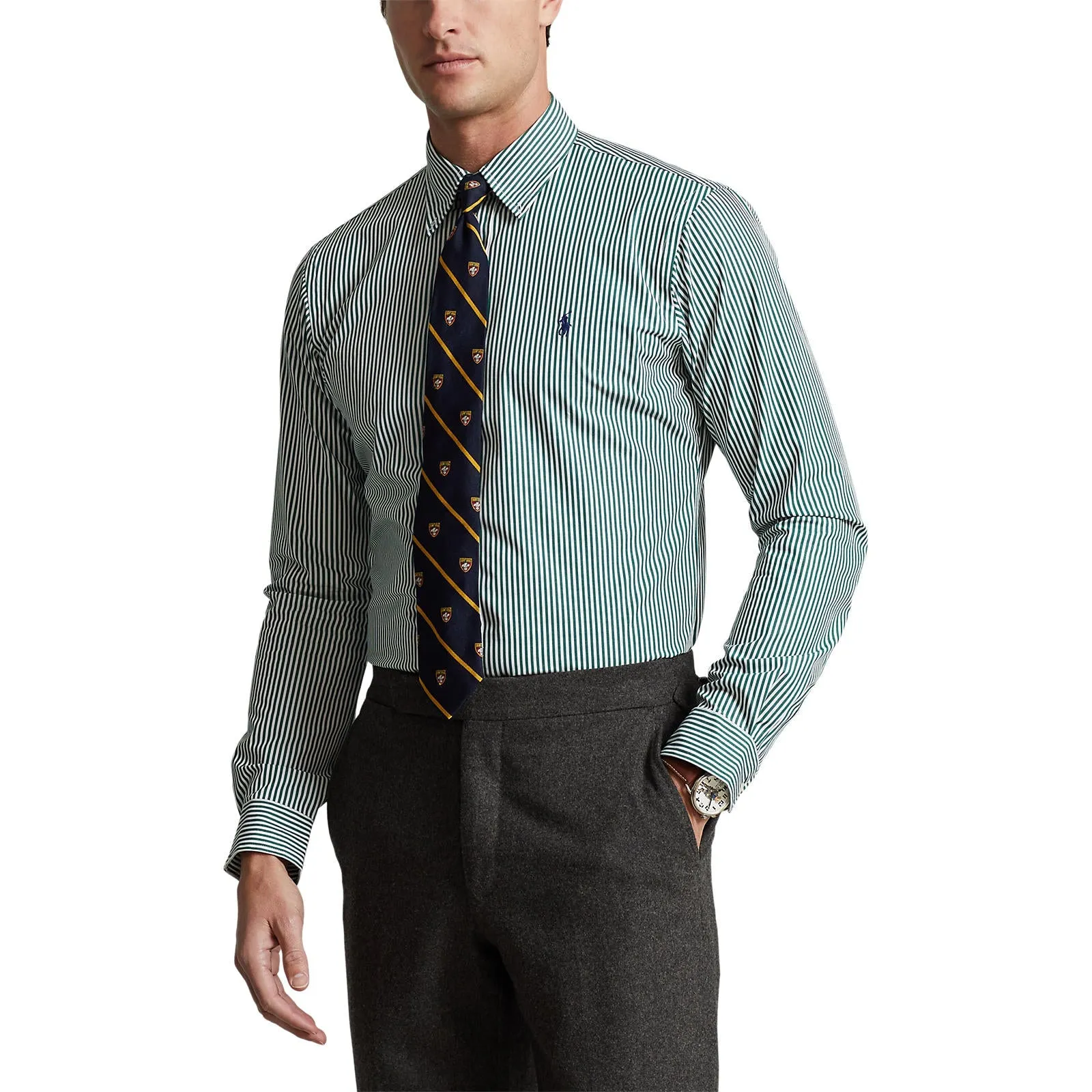 Custom Fit Striped Stretch Poplin Shirt - Pine & White