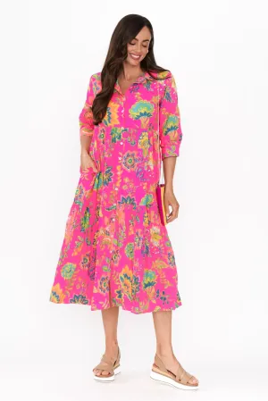 Dain Pink Floral Cotton Collared Dress