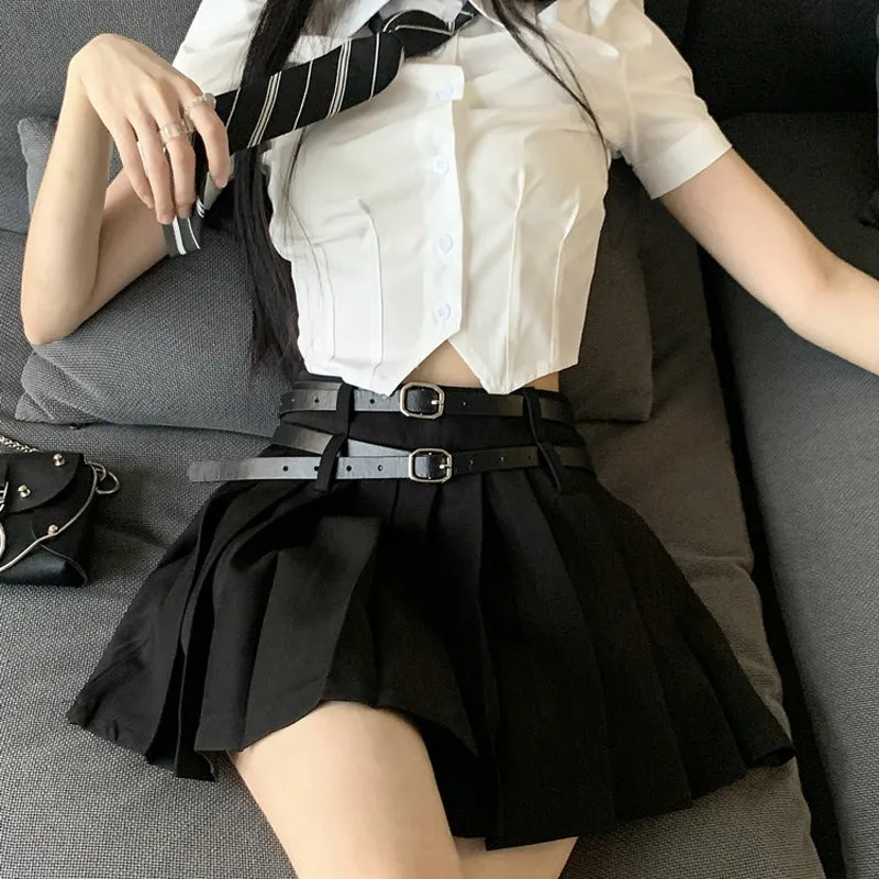 Double Belt Pleated Skirt