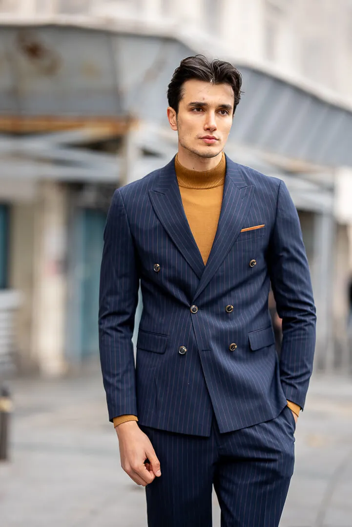 Double-Breasted Navy Blue Men's  Suit