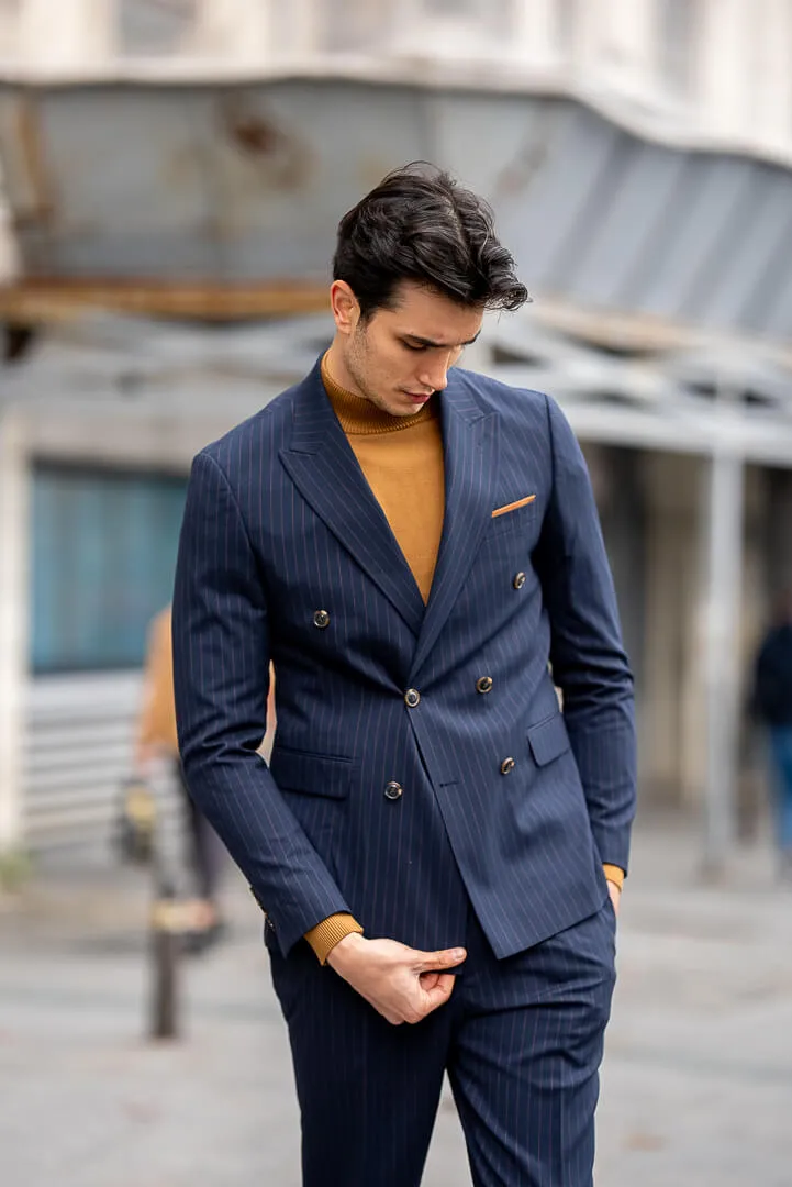 Double-Breasted Navy Blue Men's  Suit