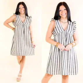 Easy Going Striped Babydoll Dress with Ruffle Cap Sleeves in Grey