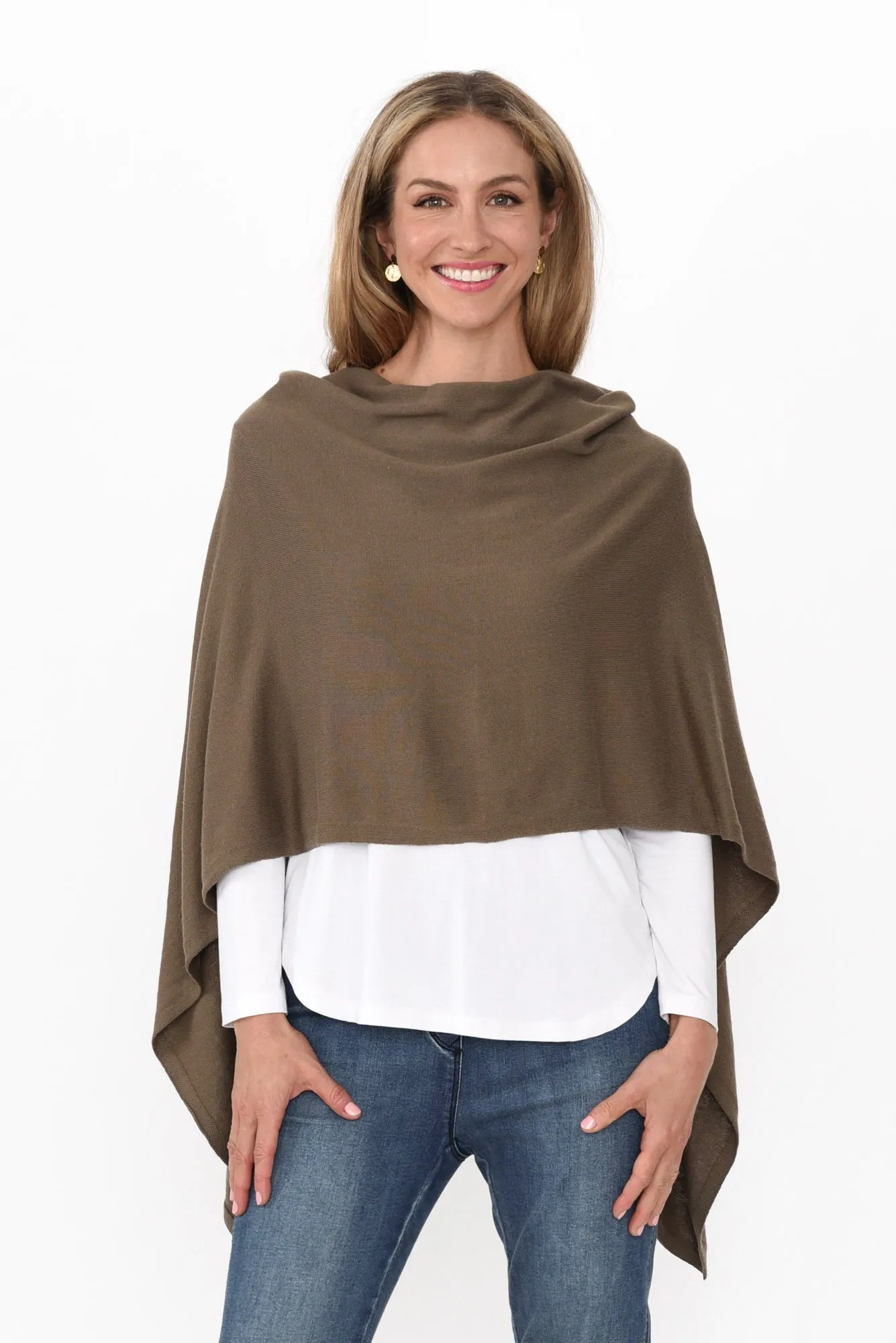 Elorie Khaki Cotton Cashmere Poncho