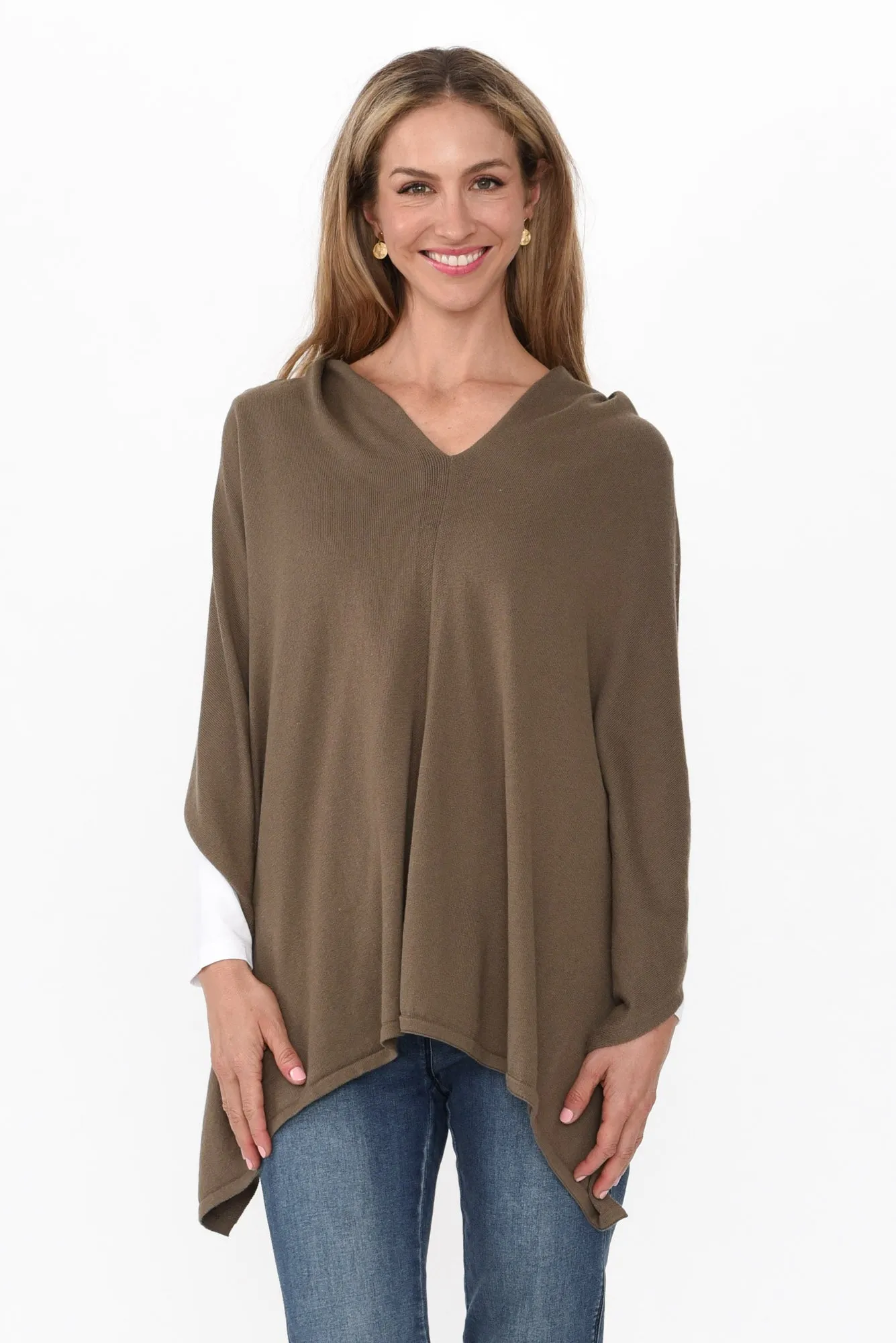 Elorie Khaki Cotton Cashmere Poncho