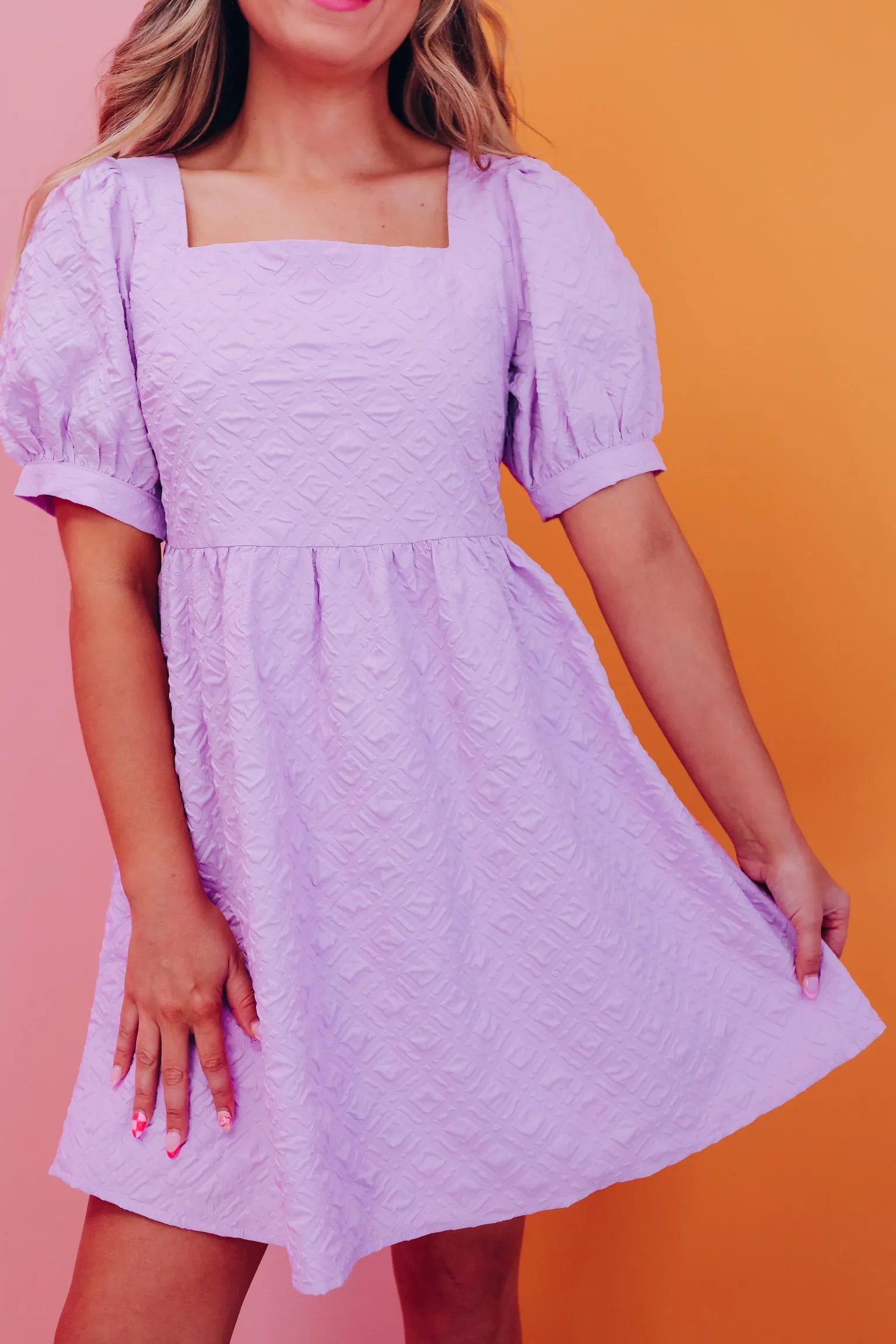 Evie Embossed Puff Sleeve Dress - Lavender