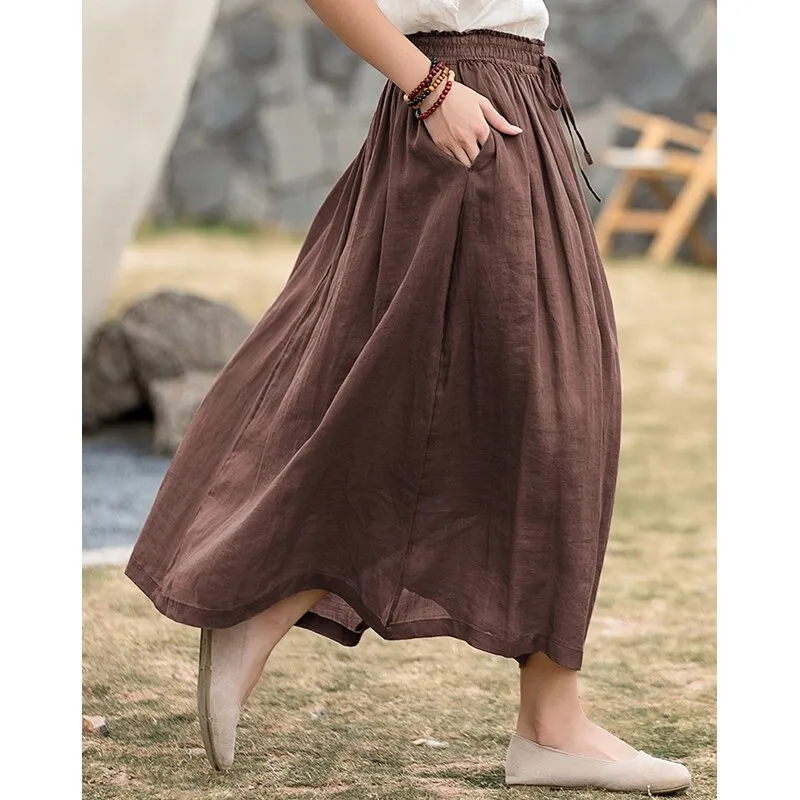 Fashionkova Retro Women's Cotton And Linen A-Line Skirt Spring Summer New Casual Loose Elastic Waist Lace-Up Double-Layer Flowy Ramie Skirts