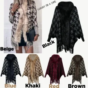 Faux Fur Retro Fringe Hem Oversized Houndstooth Knit Cardigan Poncho