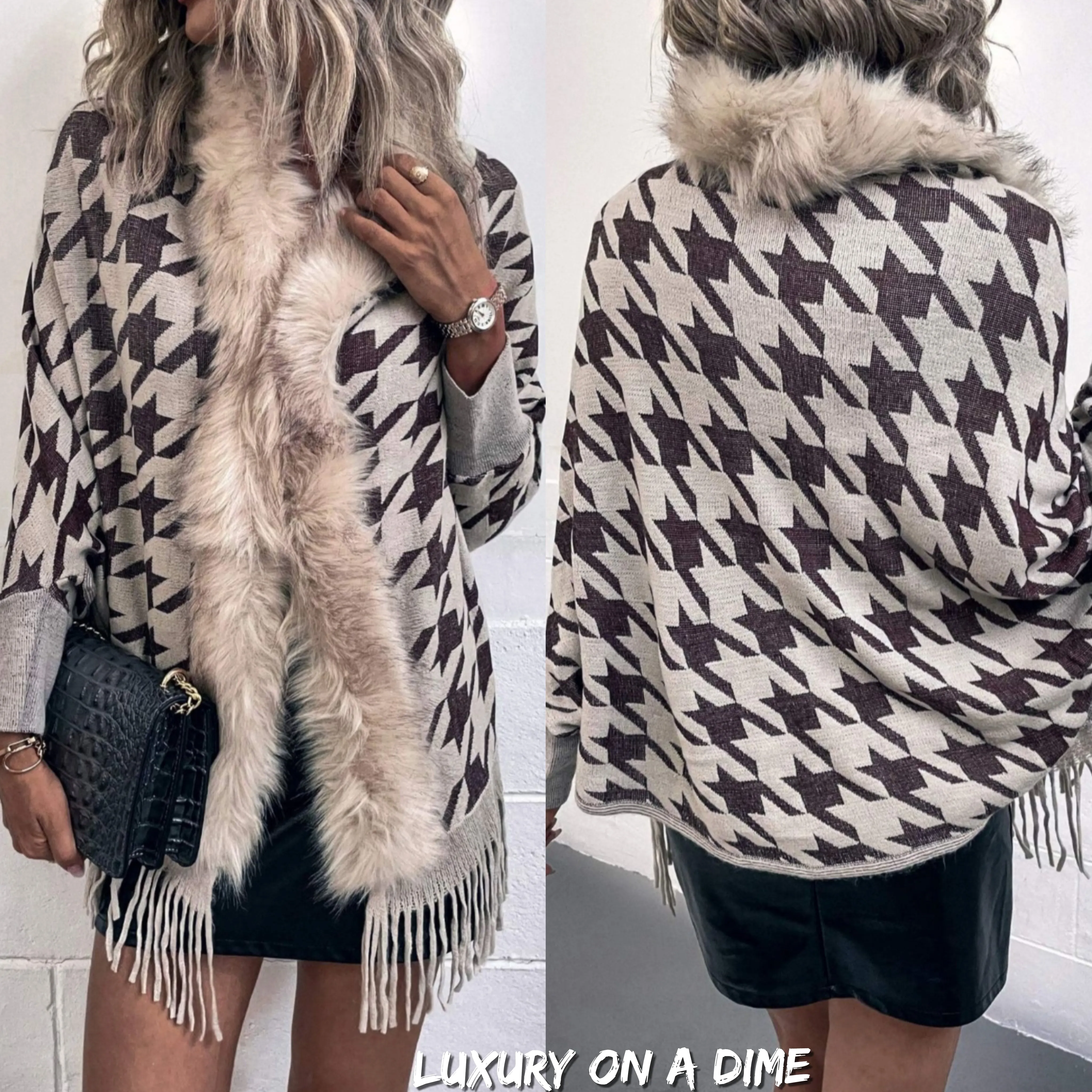 Faux Fur Retro Fringe Hem Oversized Houndstooth Knit Cardigan Poncho