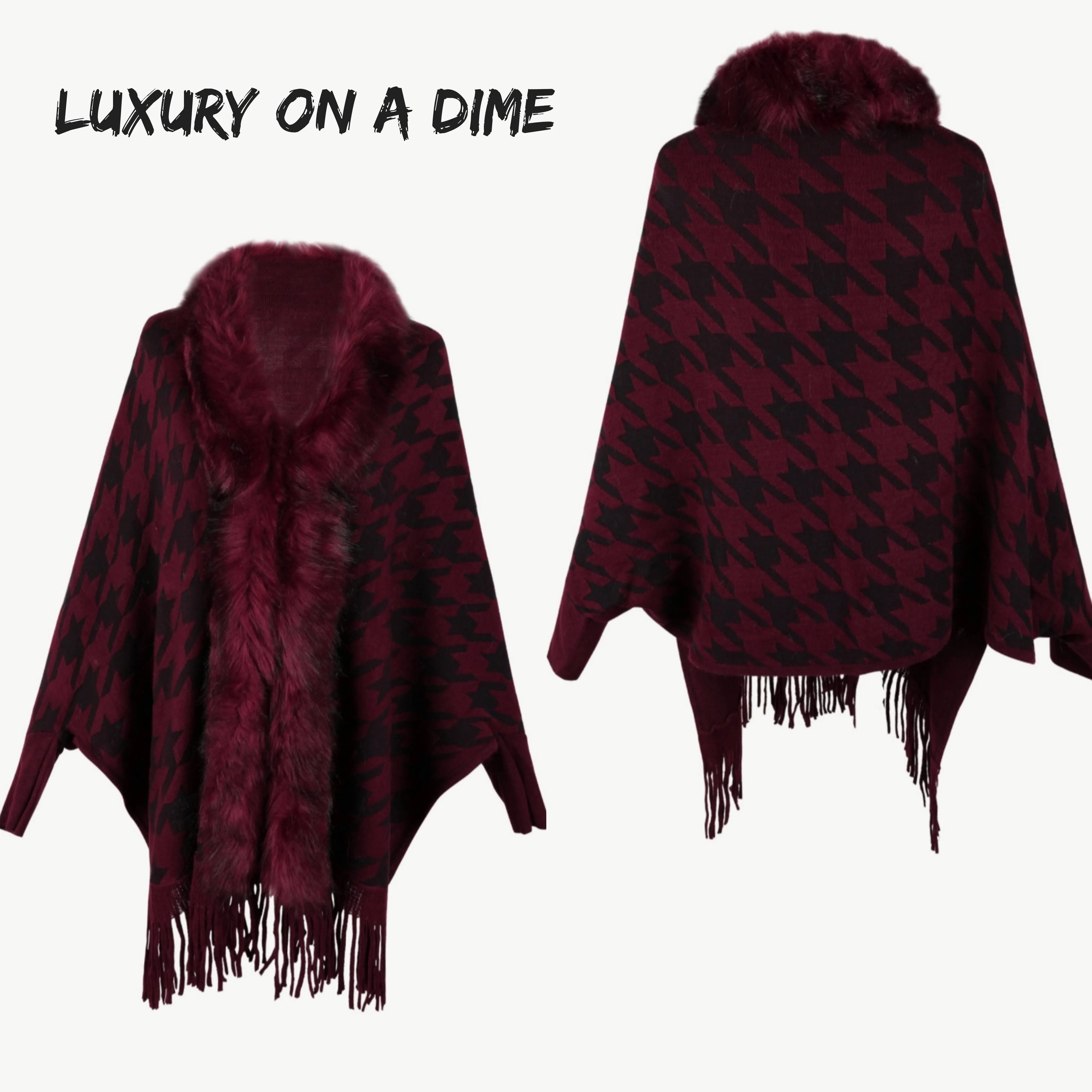 Faux Fur Retro Fringe Hem Oversized Houndstooth Knit Cardigan Poncho