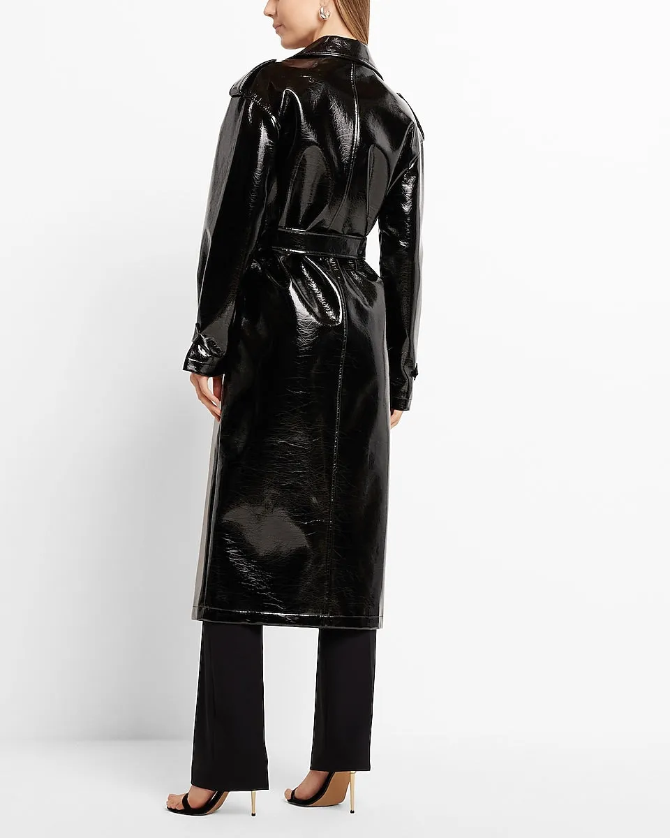 Faux Patent Leather Belted Trench Coat in Pitch Black