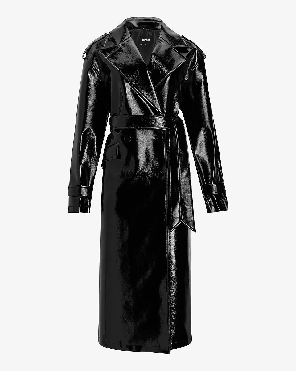 Faux Patent Leather Belted Trench Coat in Pitch Black