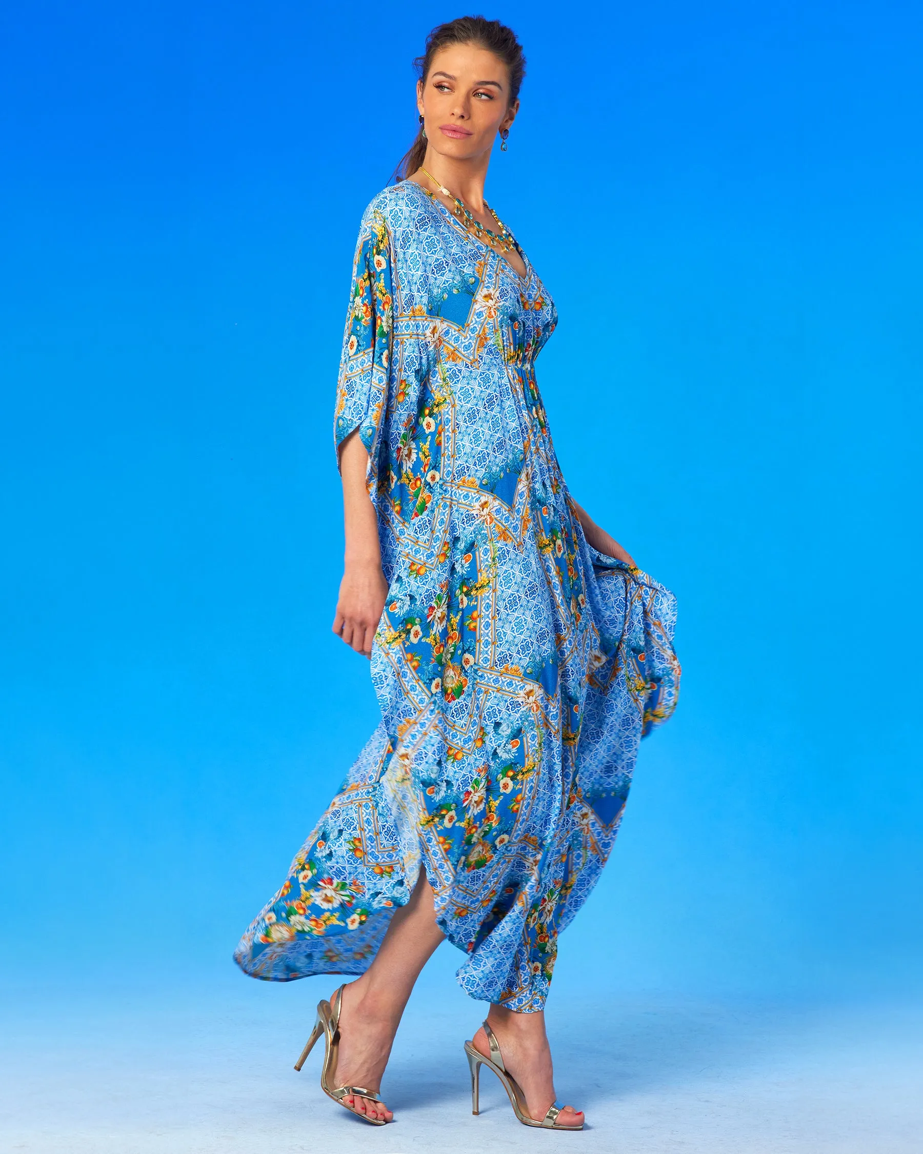 Fiorella Cinched Long Kaftan in Porcelain Print