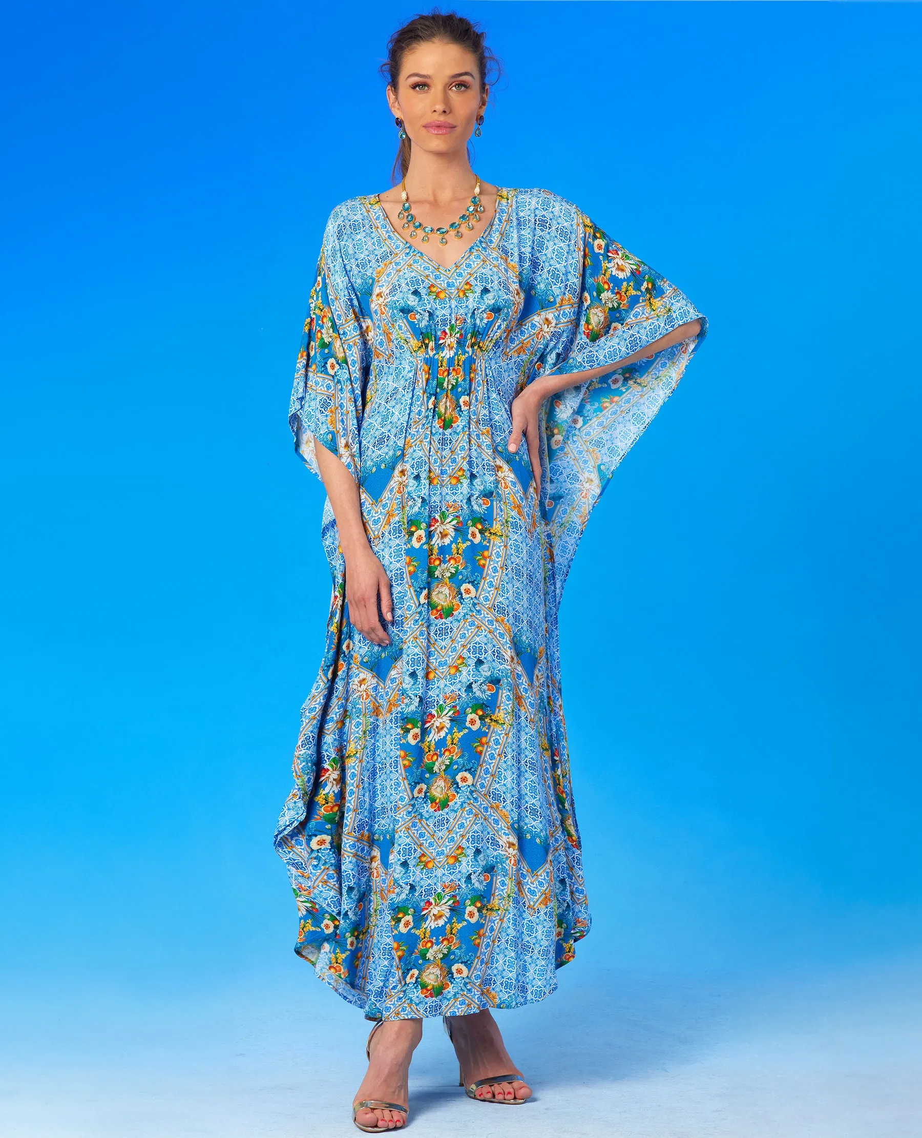 Fiorella Cinched Long Kaftan in Porcelain Print