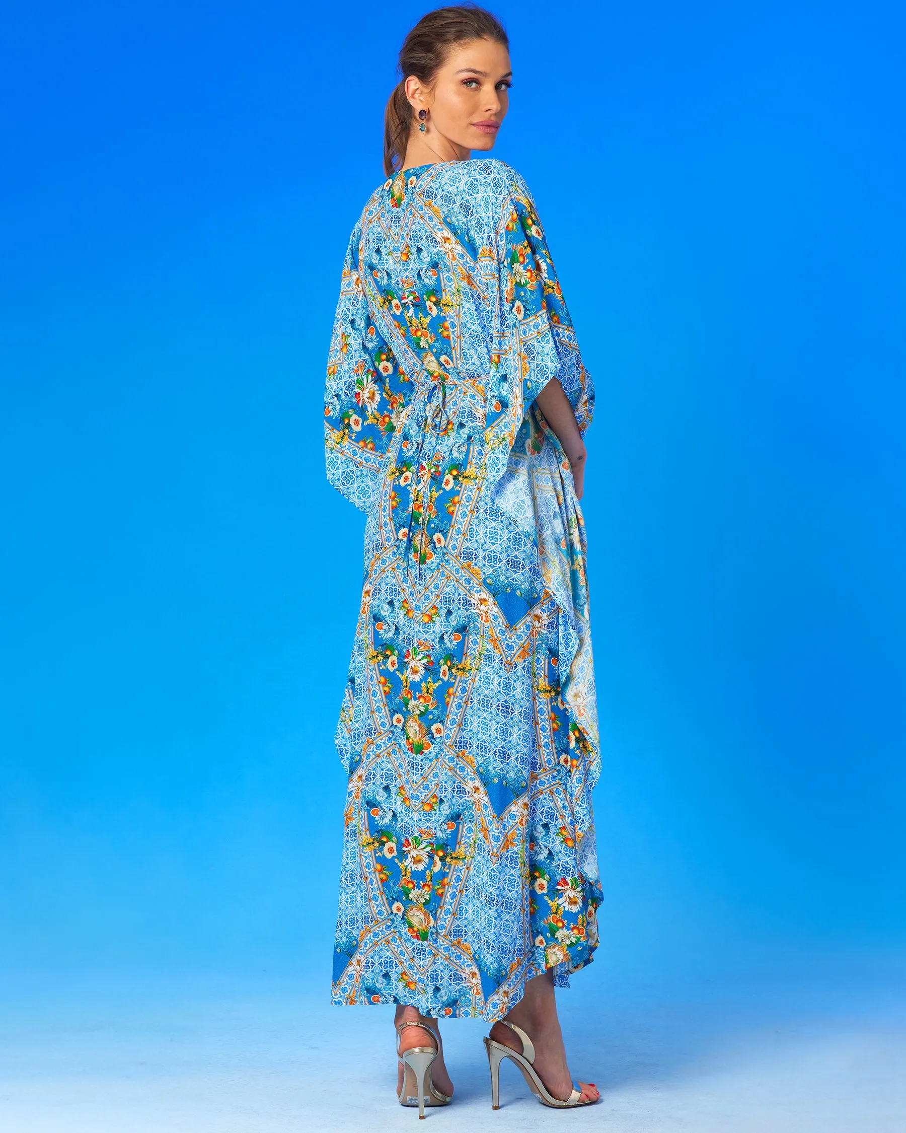 Fiorella Cinched Long Kaftan in Porcelain Print