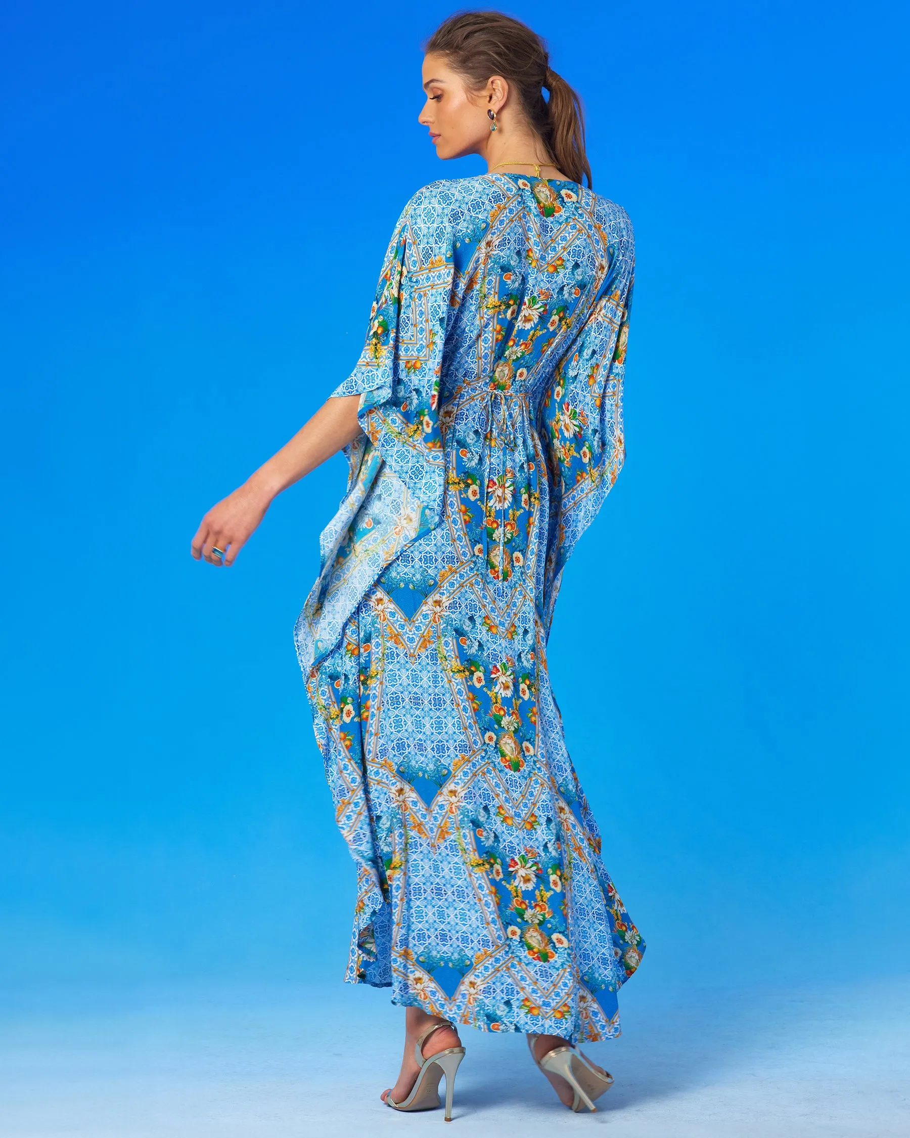 Fiorella Cinched Long Kaftan in Porcelain Print