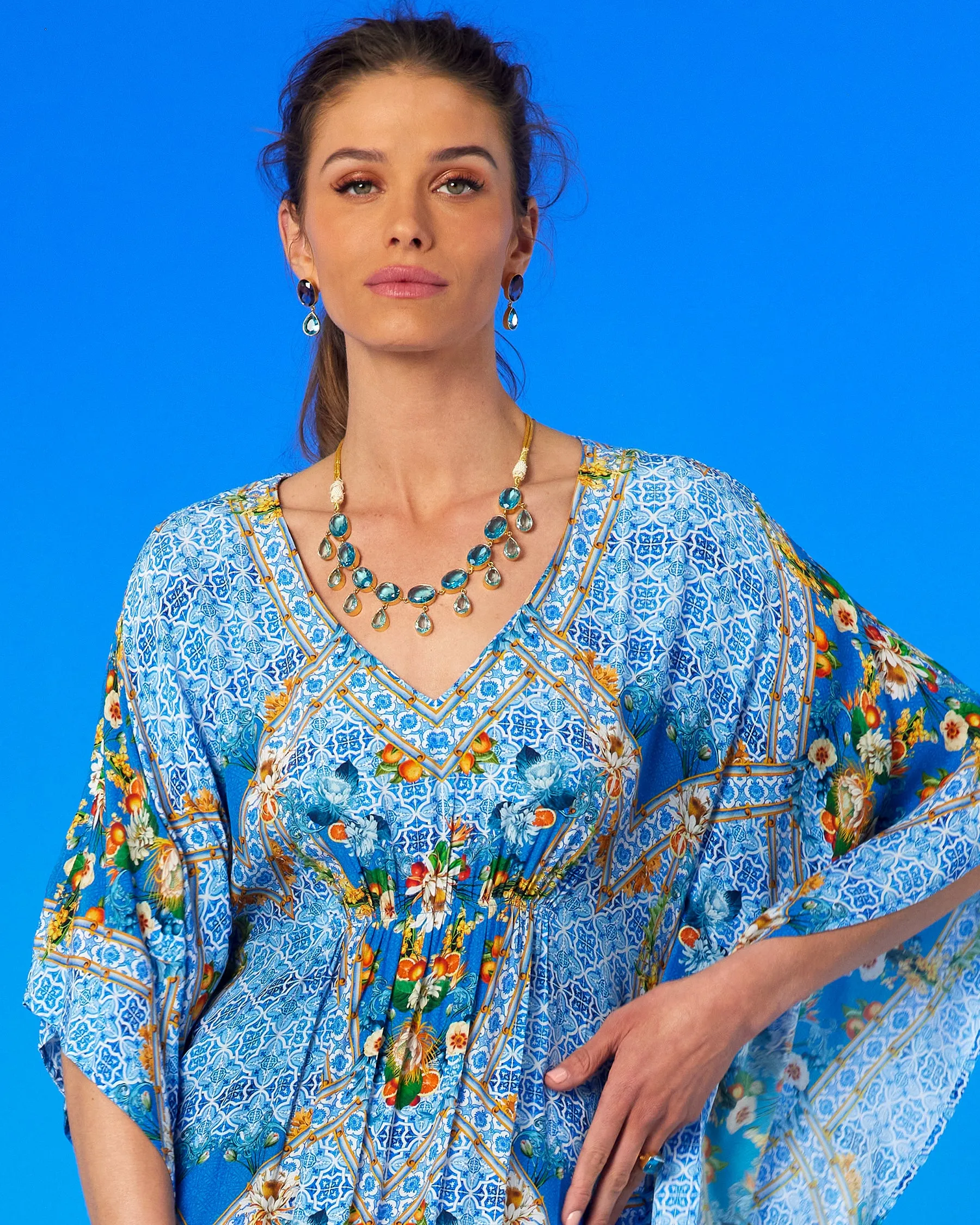 Fiorella Cinched Long Kaftan in Porcelain Print