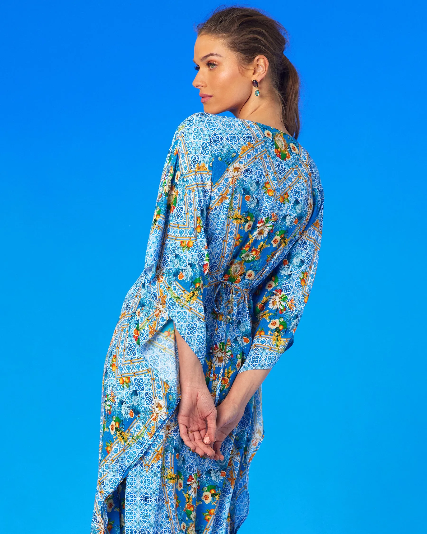 Fiorella Cinched Long Kaftan in Porcelain Print