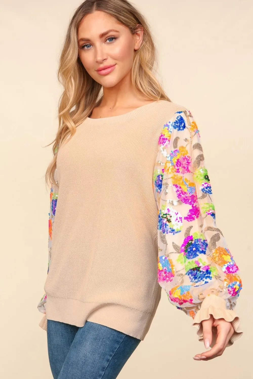 Floral Sequins Mesh Flounce Sleeve Sweater