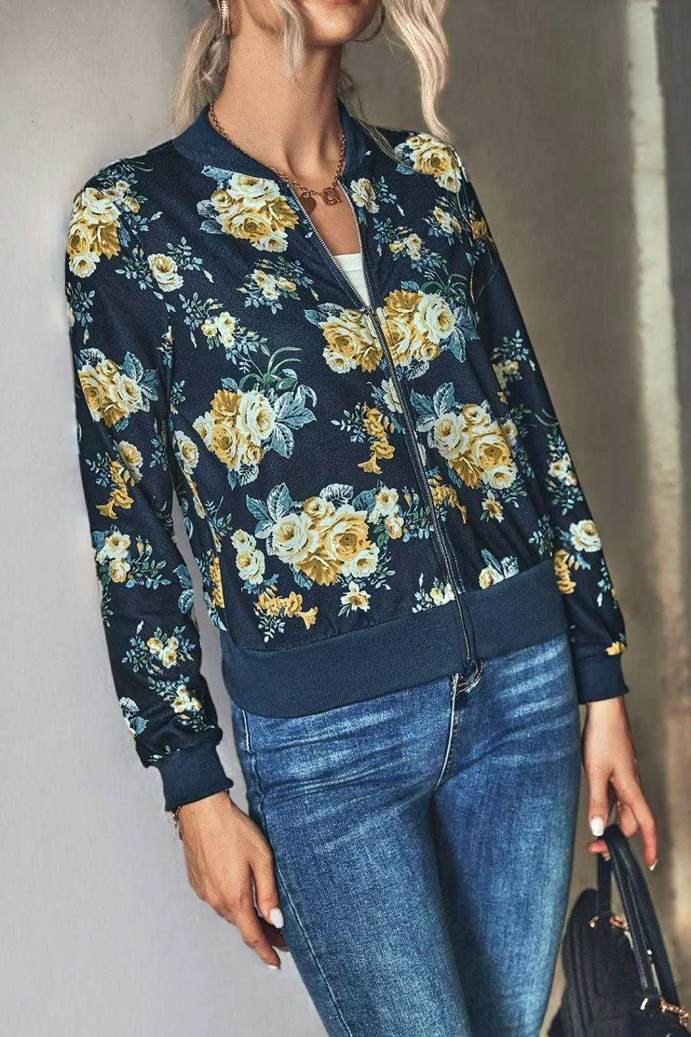 Floral Zip Up Ribbed Trim Bomber Jacket