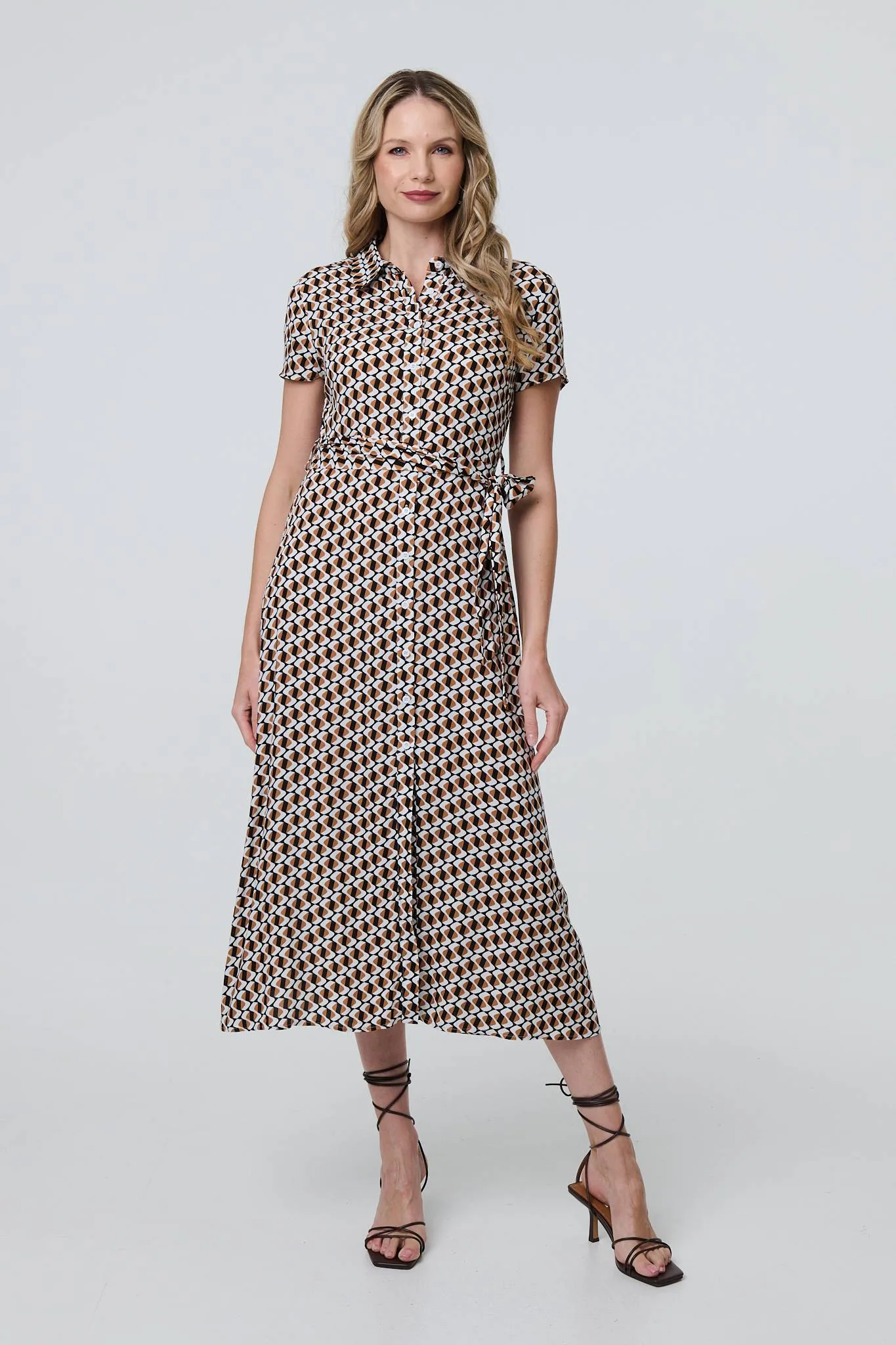 Geo Print Short Sleeve Tie Waist Midi Dress